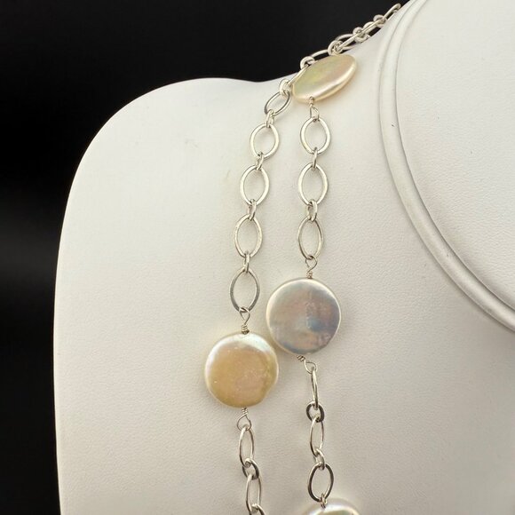 Coin Pearl Necklace Single Strand With Silver-Tone Chain Elegant - Picture 3 of 11